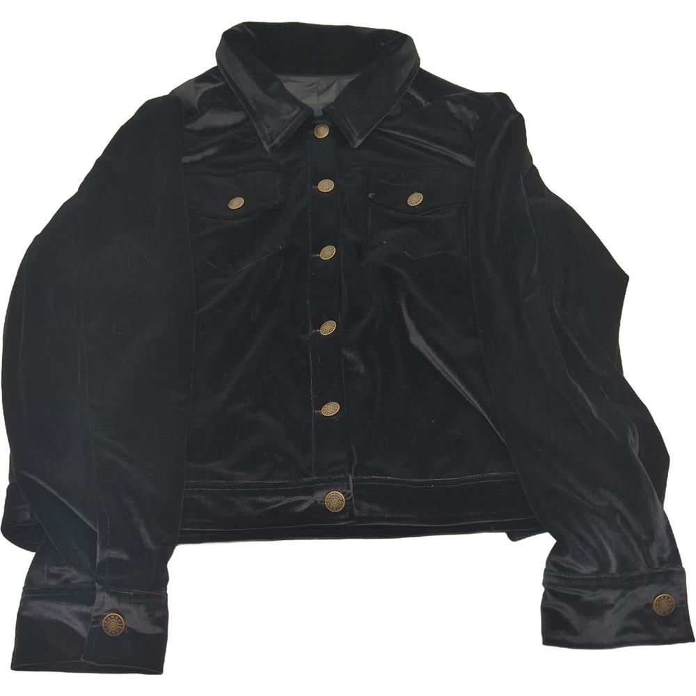 CHOUYATOU Black Velvet Trucker Jacket Button Down Long Sleeve Stretch Coat XL